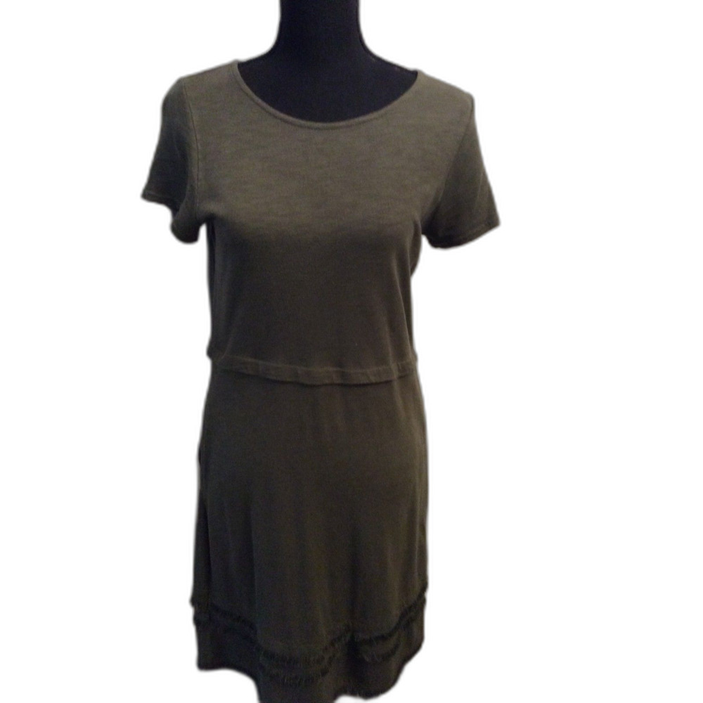 J. Jill Olive Green Fringe Short Sleeve Pullover Shift Dress XS Stretch